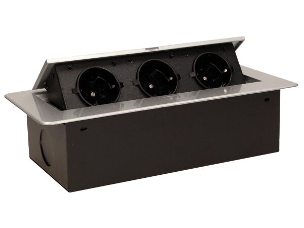 Tisch-Einbausteckdose, 3fach, silber-schwarz, 2500W