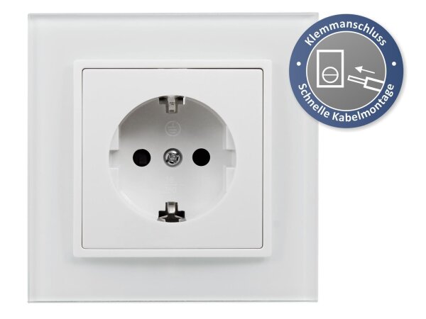 Schutzkontakt-Steckdose McPower Flair, 250V~/16A inkl. Glasrahmen, UP, Klemmanschluss, weiß