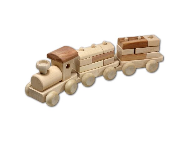 Zug und 2 Waggons, mit Bauklötzen aus Holz 34 cm