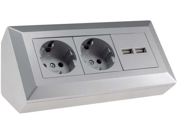 2-fach Steckdosenblock + 2x USB, silber 250V~/ 16A, Aufbaumontage, USB 3,1A