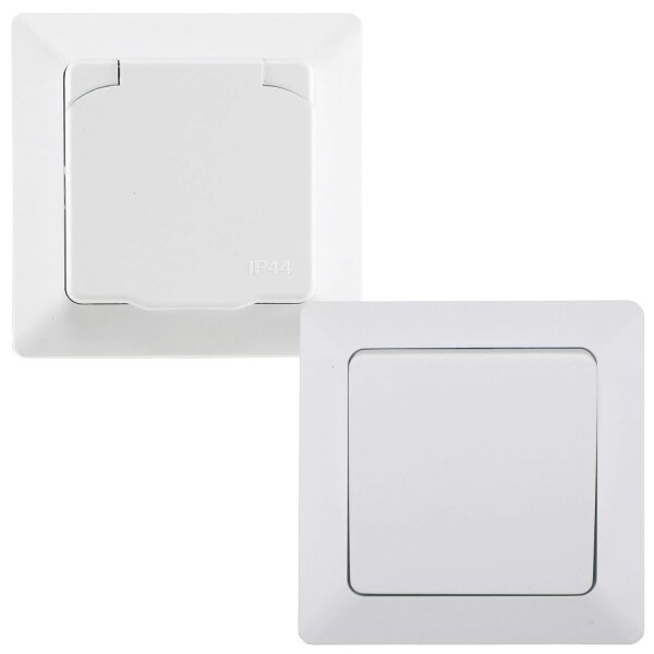 MILOS Steckdose Schalter Unterputz für Feuchtraum IP44 inkl. 1-fach Rahmen 230V Wechselschalter Schutzkontakt-Steckdose mit Klappdeckel für Innen und Aussen Matt Weiß