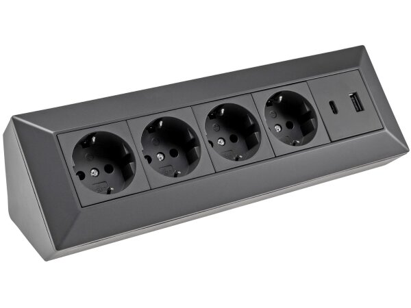 4-fach Steckdosenblock, USB-A+C, schwarz 250V~/ 16A, Aufbaumontage, USB 3,1A, PD