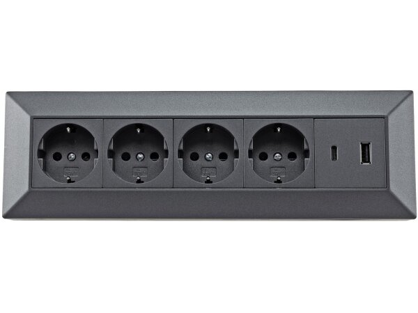 4-fach Steckdosenblock, USB-A+C, anthrazit 250V~/ 16A, Aufbaumontage, USB 3,1A, PD